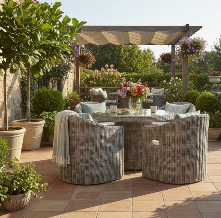 Rattan garden dining set with round table on patio